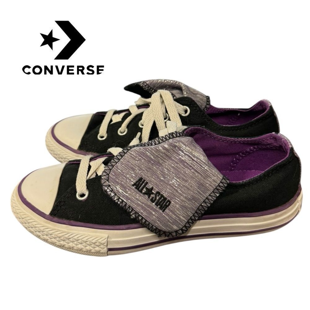 Converse Junior Girl's Black Purple Glitter Fold Back Tongue Sneakers 1